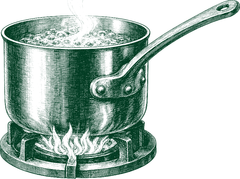 An engraved copper saucepan, its steam curling once into the Saucery's swash S