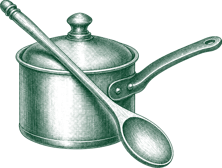 A wooden spoon across a saucepan