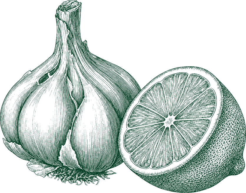 Garlic and a halved lemon