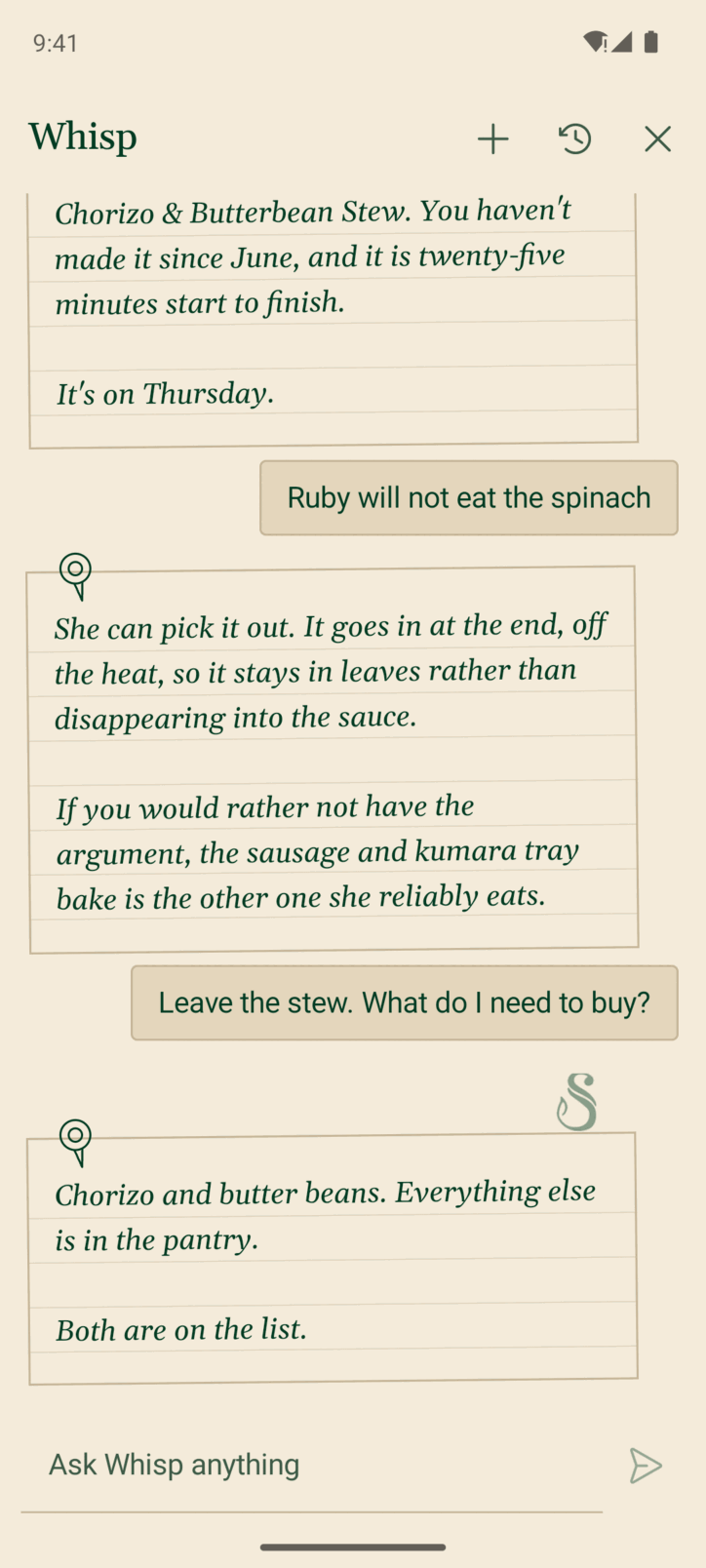 Ask Whisp on Android: the emblem, an offer to help with cooking, recipes or the meal plan, and a plain composer