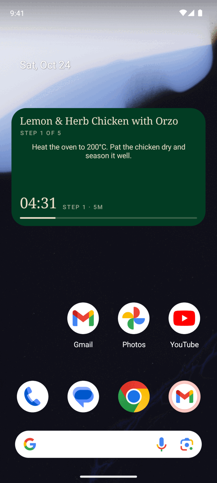 An Android home screen widget showing Lemon & Herb Chicken with Orzo, step 1 of 5, the step's instruction and a timer at 04:31
