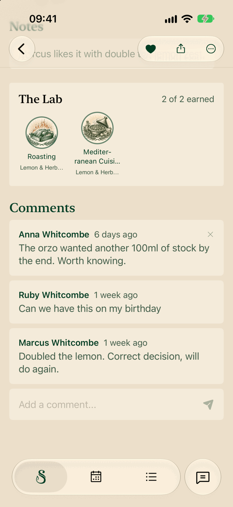 The Comments section of a recipe, with notes from Anna, Ruby and Marcus Whitcombe and an Add a comment box underneath