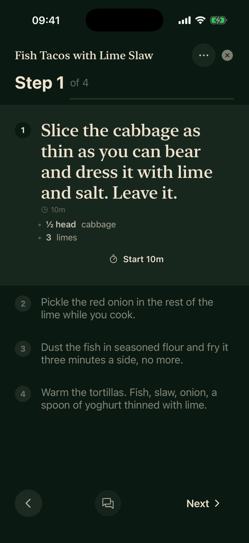 The Saucery on iPhone: cook mode, one step held on a forest-ink page with the rest of the method below