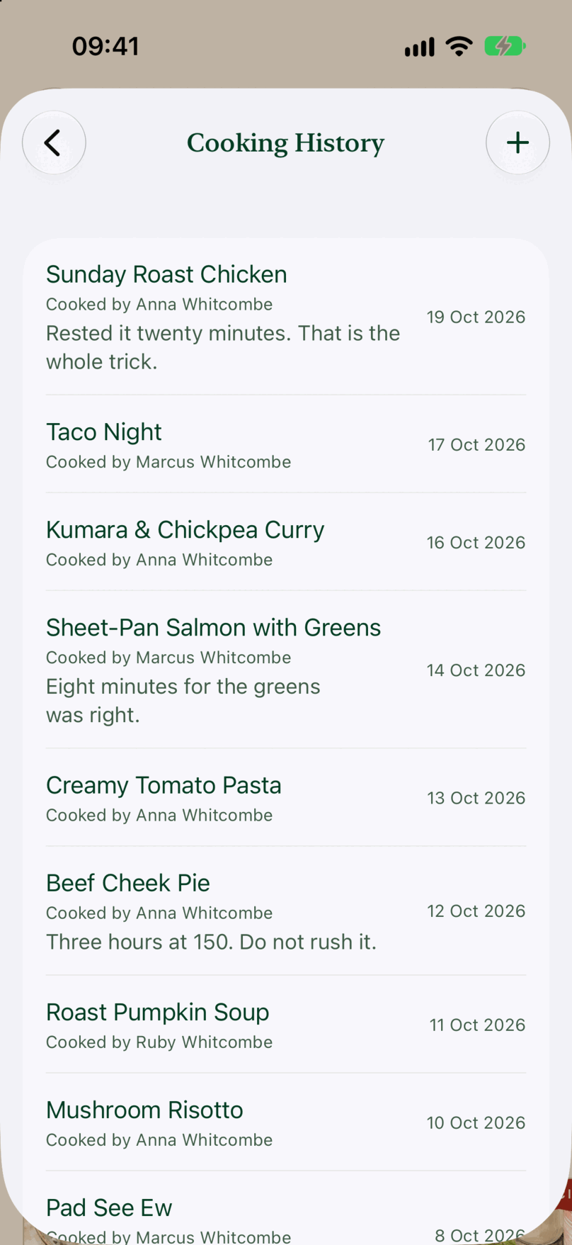 Cooking History, listing Sunday Roast Chicken cooked by Anna Whitcombe on 19 Oct with a note, then Taco Night, Kumara & Chickpea Curry and more