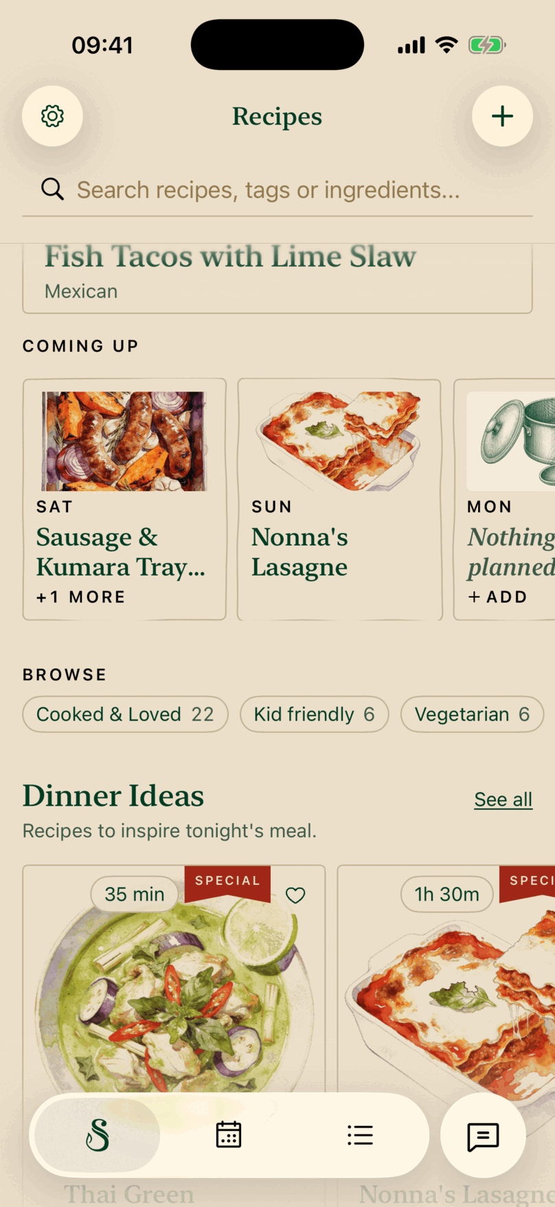 The Saucery on iPhone: the home screen, the week's dinners waiting under Coming up