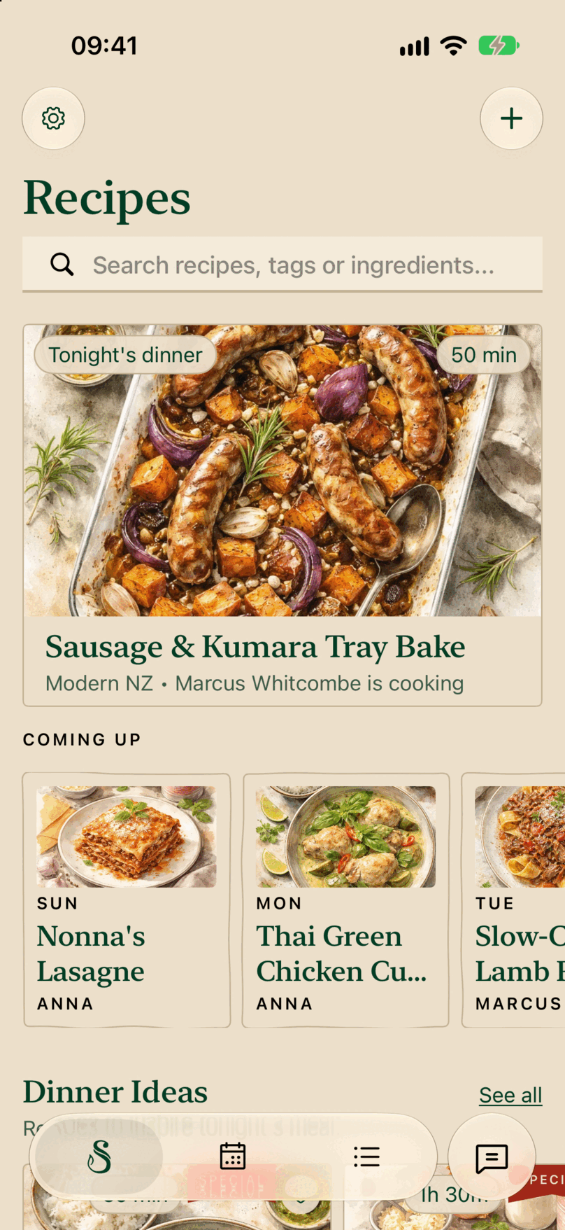 The Saucery on iPhone: the home screen opening on tonight's dinner, the sausage and kumara tray bake, with the next dinners under Coming up: Sunday's lasagne, Monday's Thai green curry and Tuesday's lamb ragù, each with who is cooking