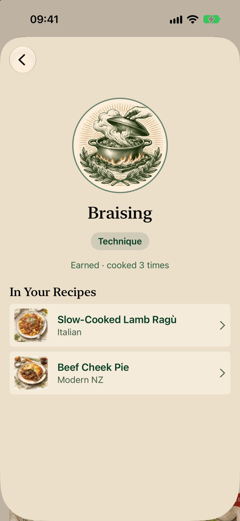The Braising badge, a Technique, earned and cooked 3 times, with Slow-Cooked Lamb Ragù and Beef Cheek Pie under In Your Recipes