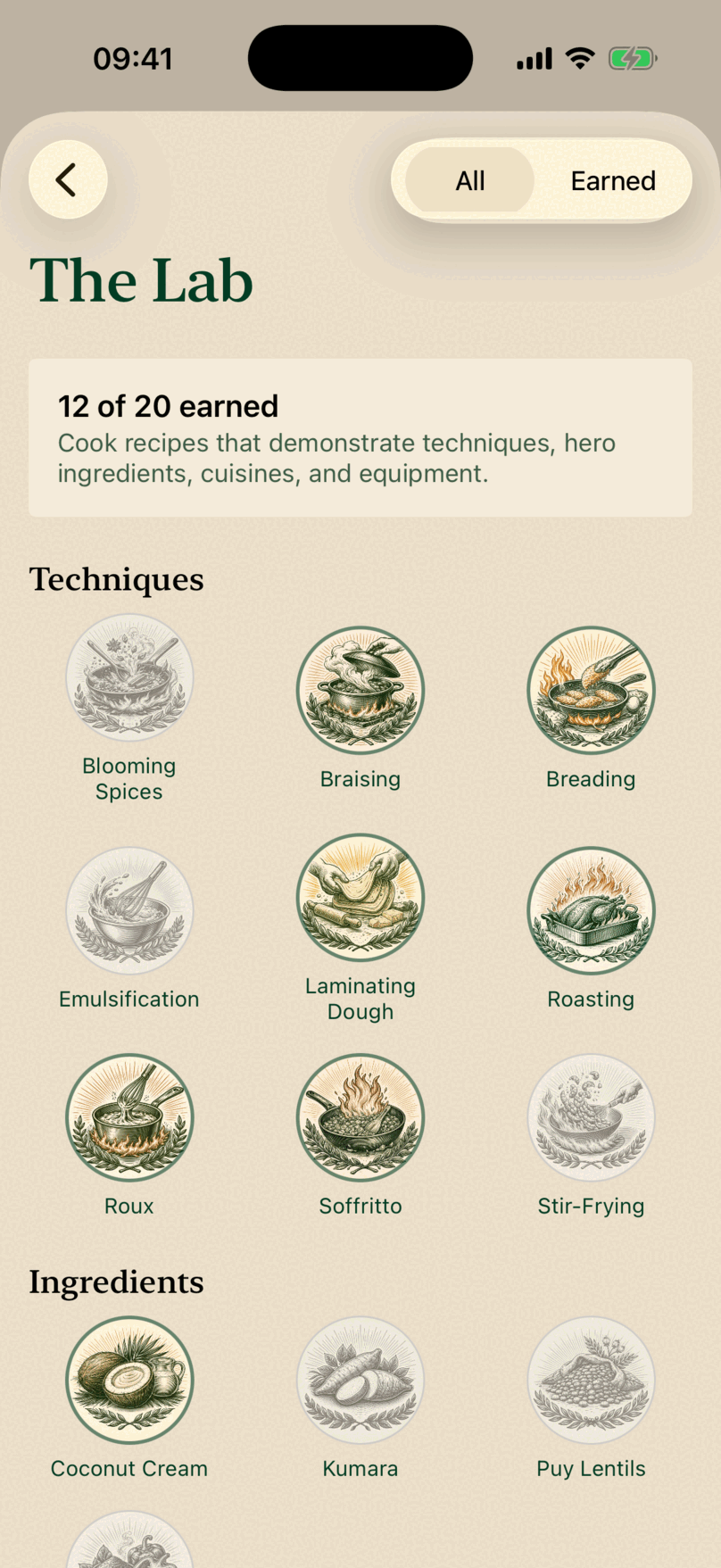 The Lab on iPhone: twelve of twenty badges earned, the techniques struck in forest ink and the ones not yet cooked left faint
