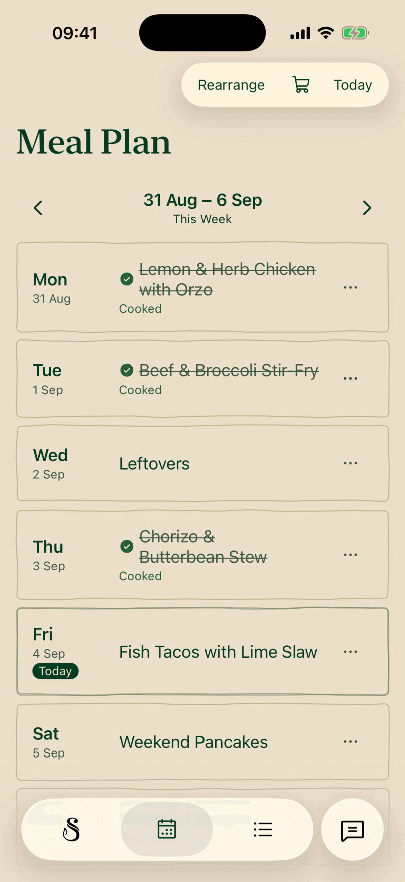 The Saucery on iPhone: this week's plan, a dinner against each night, the cooked ones ruled through