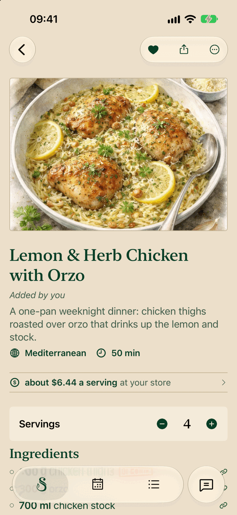 A recipe page with a filled heart, Share and the ⋯ menu at the top, above Lemon & Herb Chicken with Orzo, added by you