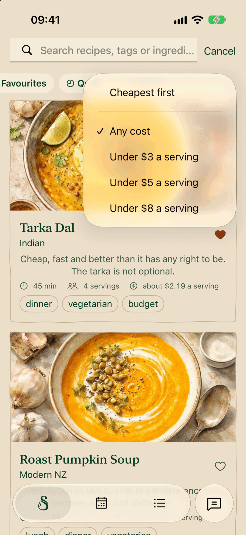 Searching recipes with the Price menu open: Cheapest first, Any cost, and Under $3, $5 and $8 a serving