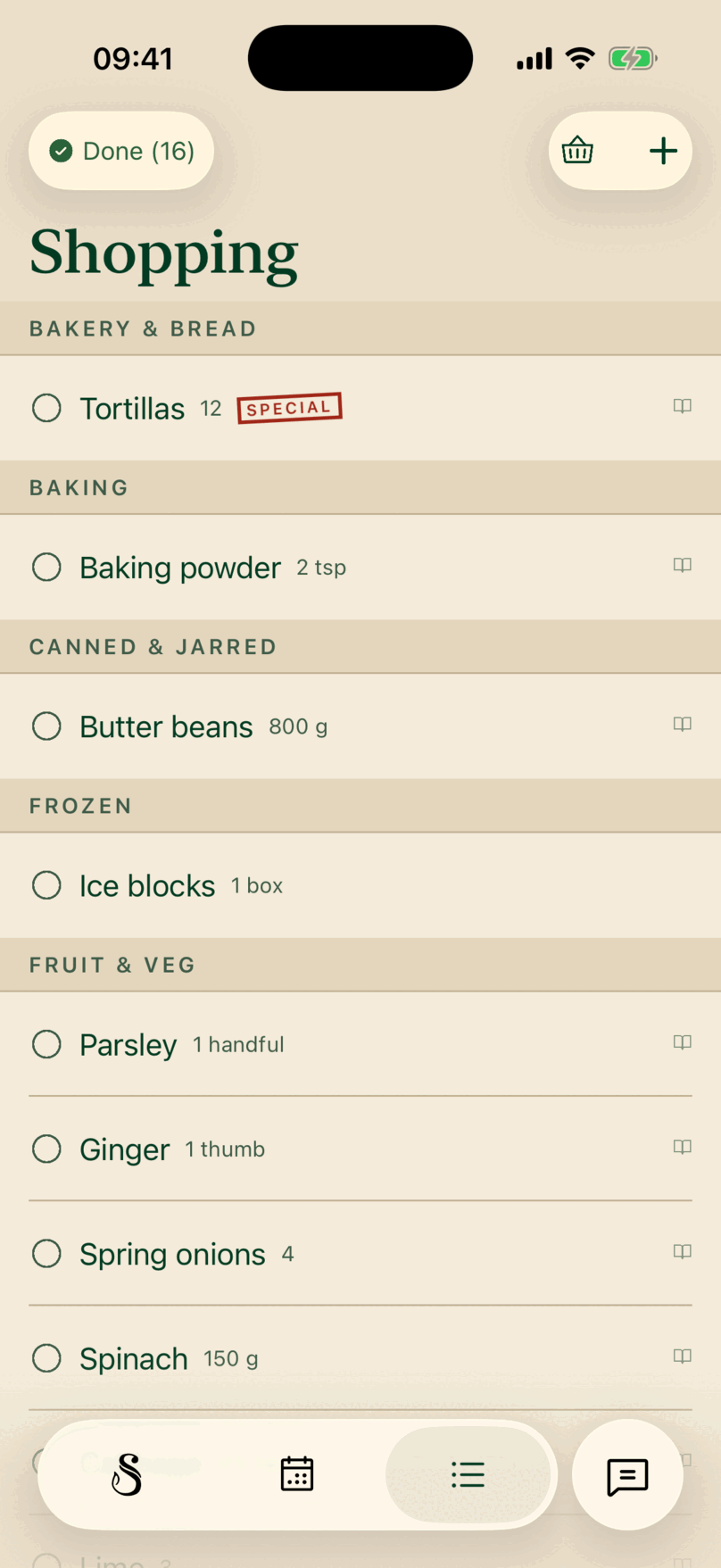 The Saucery on iPhone: the shopping list by aisle, with SPECIAL struck against the items that are on one