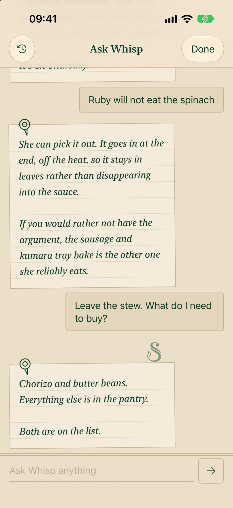 Whisp on iPhone, answering on ruled notes: Ruby can pick out the spinach, and the chorizo and butter beans are on the list